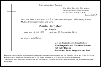 Traueranzeige von Marita Bergstein von Super Sonntag / Super Mittwoch