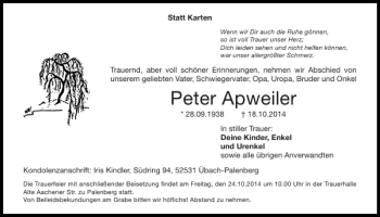 Traueranzeige von Peter Apweiler von Super Sonntag / Super Mittwoch