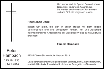 Traueranzeige von Peter Hambach von Super Sonntag / Super Mittwoch