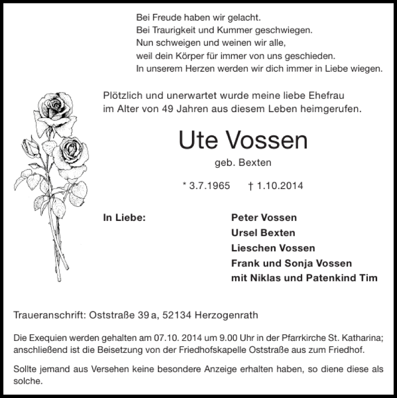  Traueranzeige für Ute Vossen vom 05.10.2014 aus Super Sonntag / Super Mittwoch