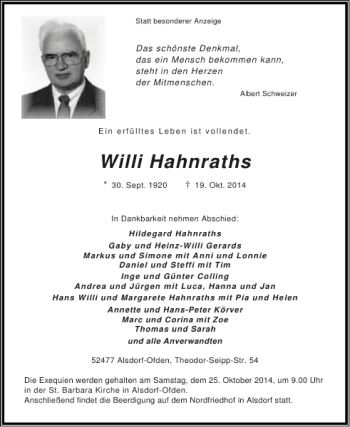 Traueranzeige von Willi Hahnraths von Super Sonntag / Super Mittwoch
