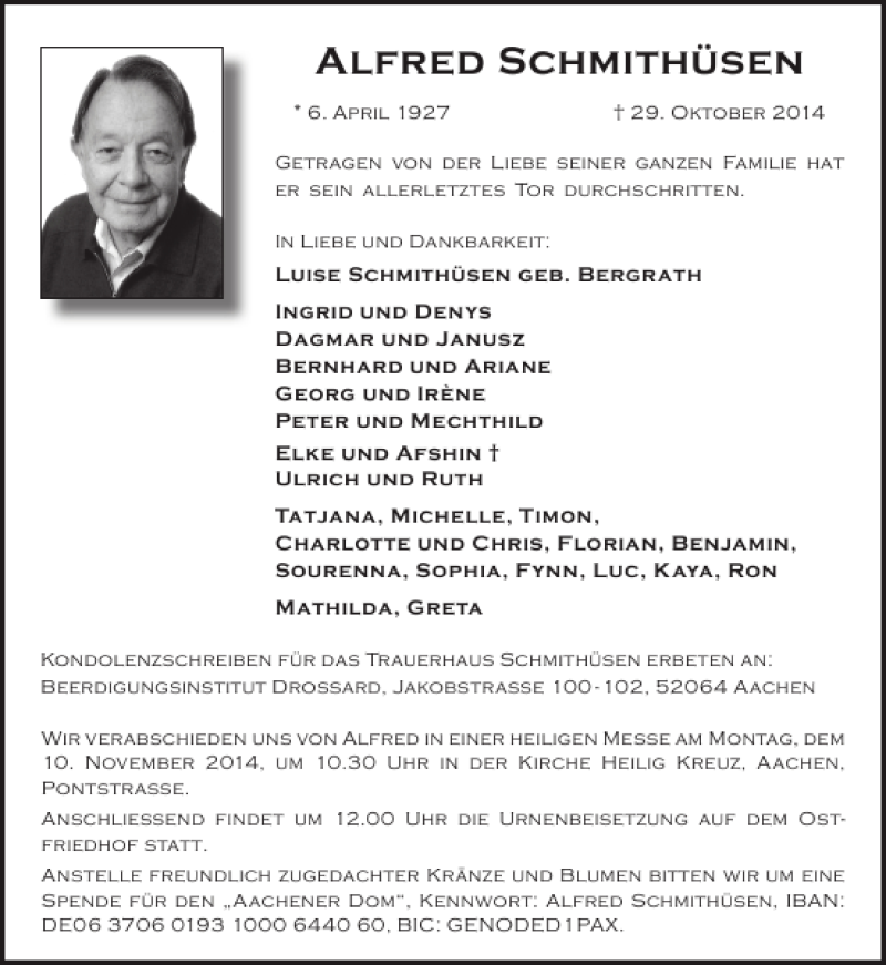  Traueranzeige für Alfred Schmithüsen vom 05.11.2014 aus Aachener Zeitung / Aachener Nachrichten