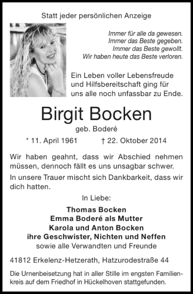  Traueranzeige für Birgit Bocken vom 02.11.2014 aus Super Sonntag / Super Mittwoch