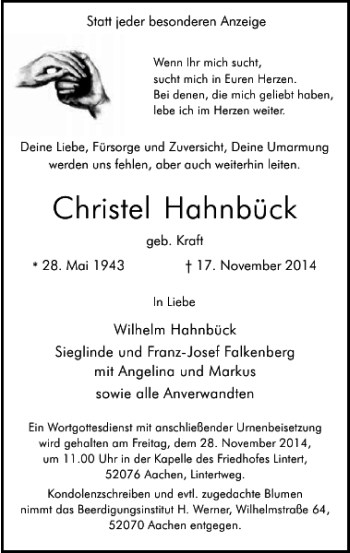 Traueranzeige von Christel Hahnbück von Super Sonntag / Super Mittwoch