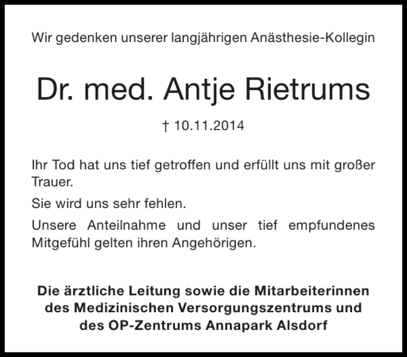  Traueranzeige für Dr. med. Antje Rietrums vom 22.11.2014 aus Aachener Zeitung / Aachener Nachrichten
