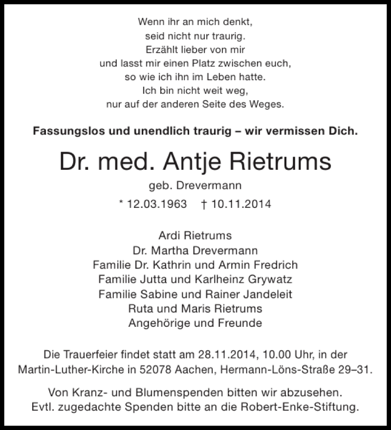  Traueranzeige für Dr. med. Antje Rietrums vom 22.11.2014 aus Aachener Zeitung / Aachener Nachrichten