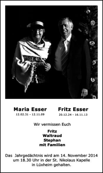 Traueranzeige von Fritz Esser Maria Esser von Super Sonntag / Super Mittwoch