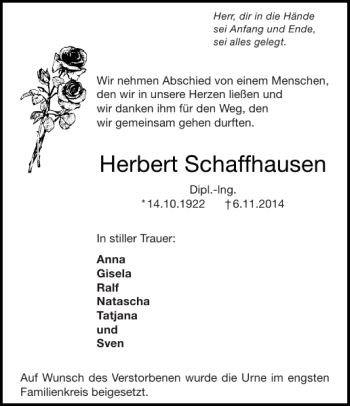 Traueranzeige von Herbert Schaffhausen von Aachener Zeitung / Aachener Nachrichten