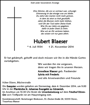 Traueranzeige von Hubert Bl Hubert Blaeser aeser von Super Sonntag / Super Mittwoch