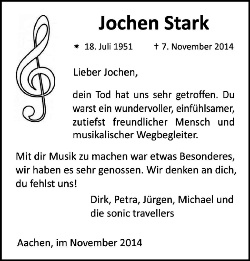  Traueranzeige für Jochen Stark vom 22.11.2014 aus Aachener Zeitung / Aachener Nachrichten