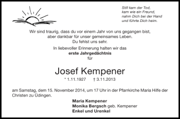 Traueranzeige von Josef Kempener von Super Sonntag / Super Mittwoch
