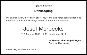 Traueranzeige von Josef Merbecks von Super Sonntag / Super Mittwoch
