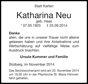 Traueranzeige von Katharina Neu von Super Sonntag / Super Mittwoch