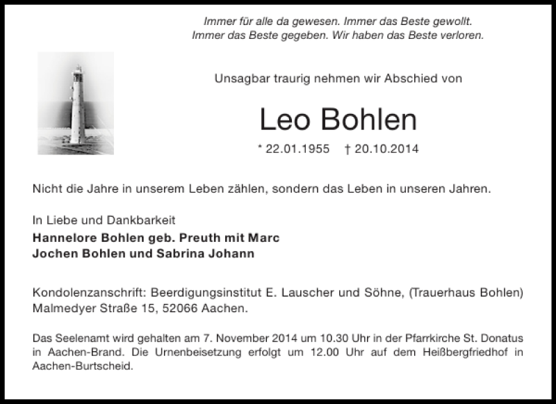  Traueranzeige für Leo Bohlen vom 01.11.2014 aus Aachener Zeitung / Aachener Nachrichten