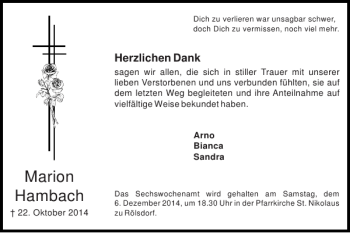 Traueranzeige von Marion Hambach von Super Sonntag / Super Mittwoch