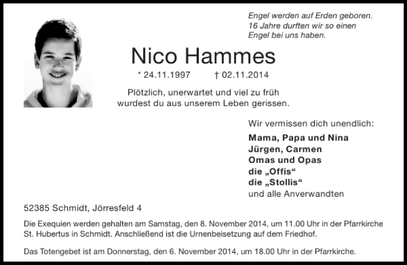  Traueranzeige für Nico Hammes vom 06.11.2014 aus Aachener Zeitung / Aachener Nachrichten