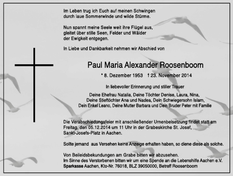  Traueranzeige für Paul Maria Alexander Roosenboom vom 30.11.2014 aus Super Sonntag / Super Mittwoch