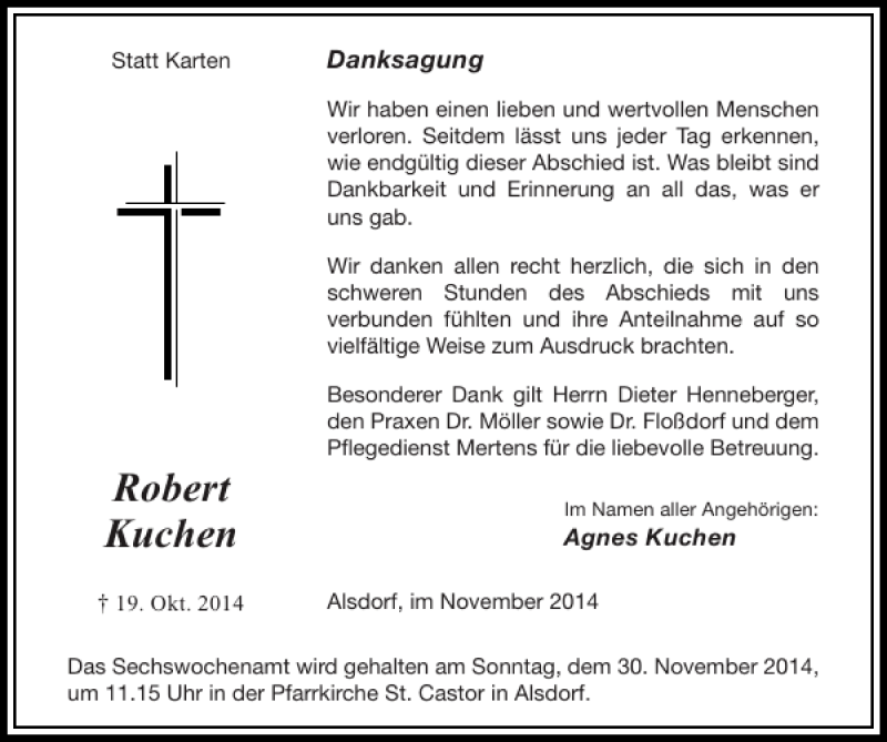  Traueranzeige für Robert Kuchen vom 23.11.2014 aus Super Sonntag / Super Mittwoch