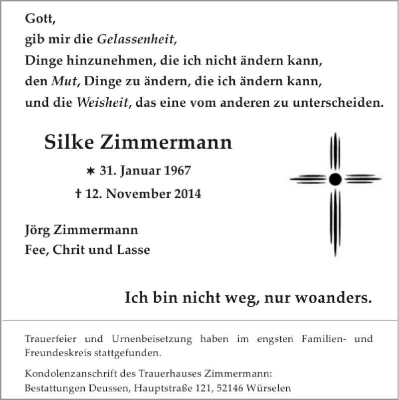  Traueranzeige für Silke Zimmermann vom 23.11.2014 aus Super Sonntag / Super Mittwoch