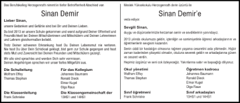 Traueranzeige von Sinan Demir Sinan Demir e von Aachener Zeitung / Aachener Nachrichten