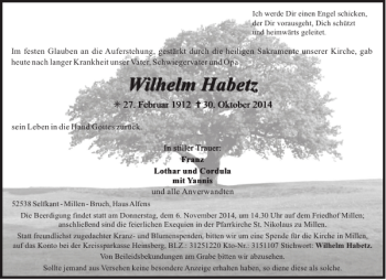 Traueranzeige von Wilhelm Habetz Wilhelm Habetz von Aachener Zeitung / Aachener Nachrichten