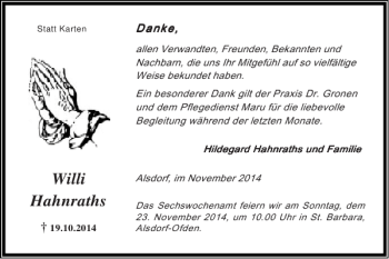 Traueranzeige von Willi Hahnraths von Super Sonntag / Super Mittwoch