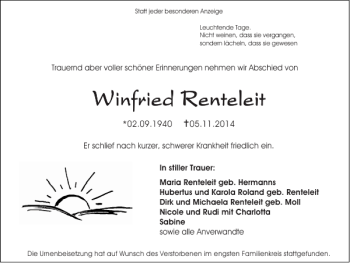 Traueranzeige von Winfried Renteleit Winfried Renteleit von Super Sonntag / Super Mittwoch