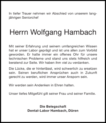 Traueranzeige von Wolfgang Hambach von Super Sonntag / Super Mittwoch