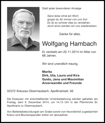 Traueranzeige von Wolfgang Hambach von Super Sonntag / Super Mittwoch