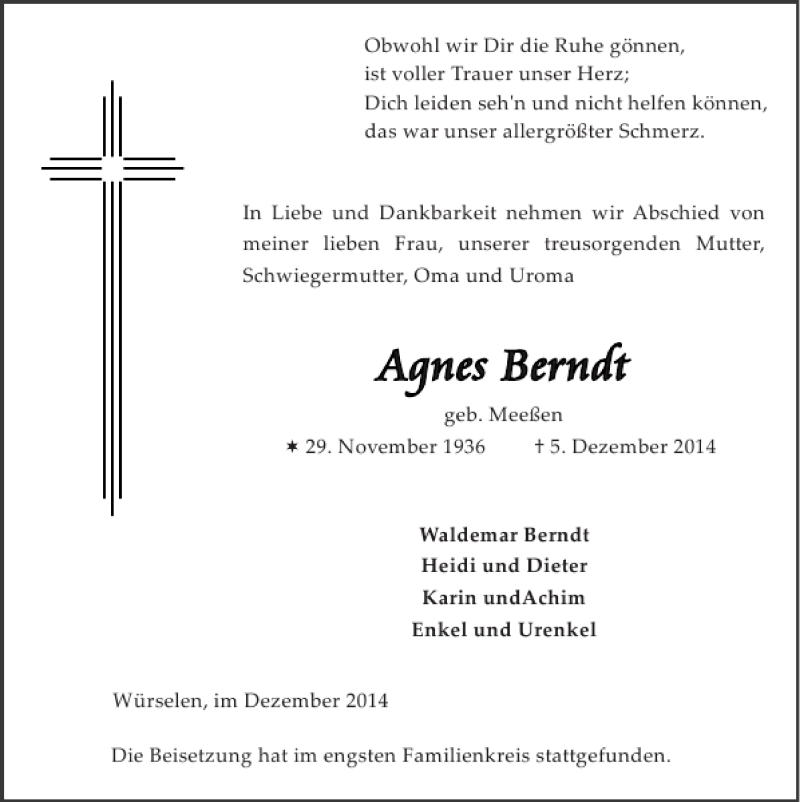  Traueranzeige für Agnes Berndt vom 21.12.2014 aus Super Sonntag / Super Mittwoch