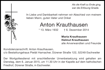 Traueranzeige von Anton Krauthausen von Super Sonntag / Super Mittwoch
