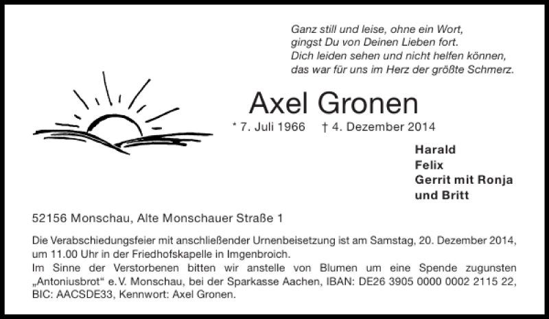  Traueranzeige für Axel Gronen vom 13.12.2014 aus Aachener Zeitung / Aachener Nachrichten