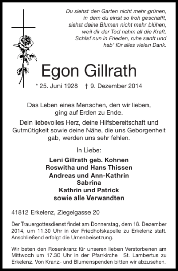 Traueranzeige von Egon Gillrath von Super Sonntag / Super Mittwoch