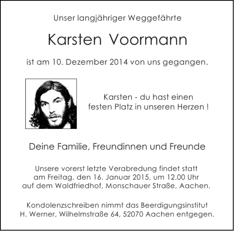 Traueranzeige für Karsten Voormann vom 20.12.2014 aus Aachener Zeitung / Aachener Nachrichten