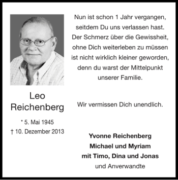 Traueranzeige von Leo Reichenberg von Super Sonntag / Super Mittwoch