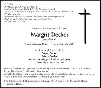 Traueranzeige von Margritit Decker Margr Decker von Aachener Zeitung / Aachener Nachrichten