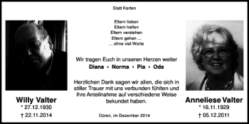 Traueranzeige von Willy Valter Anneliese Valter von Super Sonntag / Super Mittwoch