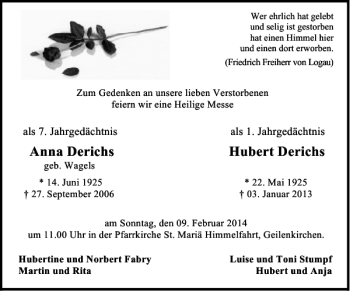 Traueranzeige von Anna Derichs Hubert Derichs von Super Sonntag / Super Mittwoch