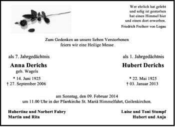 Traueranzeige von Anna Derichs Hubert Derichs von Aachener Zeitung / Aachener Nachrichten