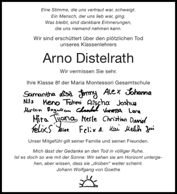 Traueranzeige von Arno Distelrath von Aachener Zeitung / Aachener Nachrichten