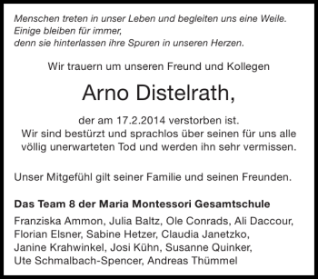 Traueranzeige von Arno Distelrath von Aachener Zeitung / Aachener Nachrichten