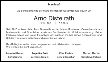 Traueranzeige von Arno Distelrath von Aachener Zeitung / Aachener Nachrichten