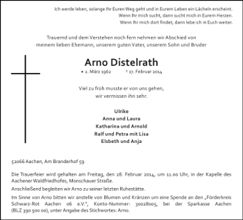 Traueranzeige von Arno Distelrath von Aachener Zeitung / Aachener Nachrichten