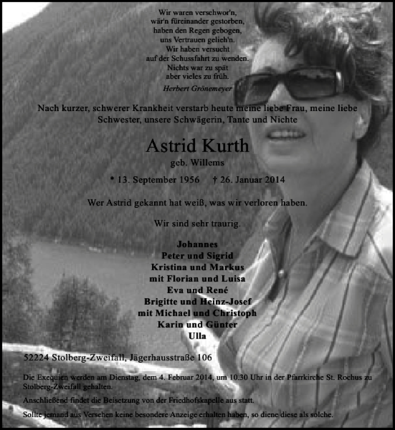  Traueranzeige für Astrid Kurth vom 01.02.2014 aus Aachener Zeitung / Aachener Nachrichten