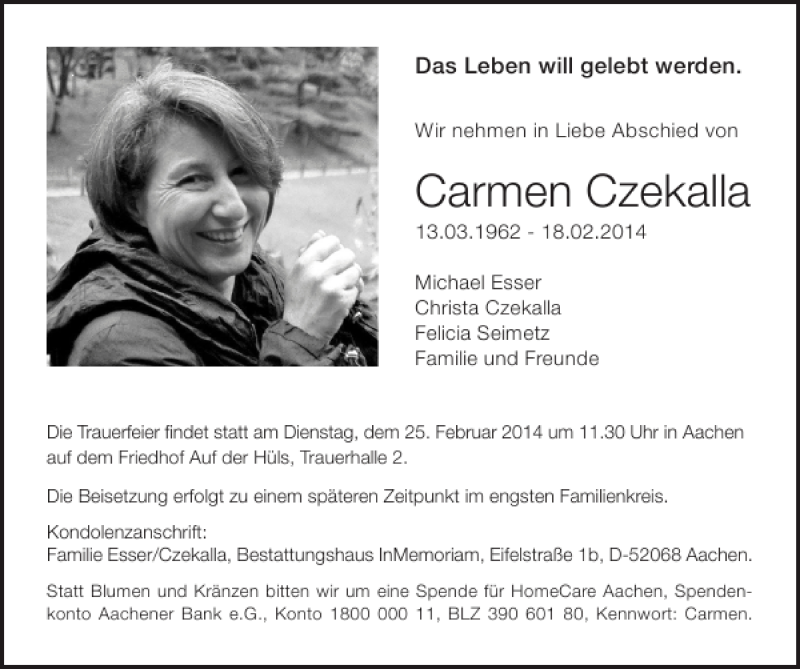  Traueranzeige für Carmen Czekalla vom 23.02.2014 aus Super Sonntag / Super Mittwoch