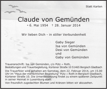 Traueranzeige von Claude von Gemünden von Super Sonntag / Super Mittwoch