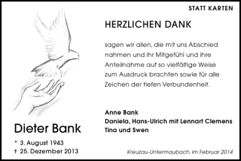 Traueranzeige von Dieter Bank von Super Sonntag / Super Mittwoch