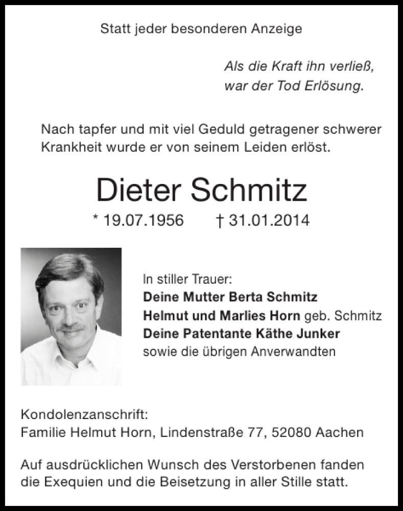  Traueranzeige für Dieter Schmitz vom 09.02.2014 aus Super Sonntag / Super Mittwoch
