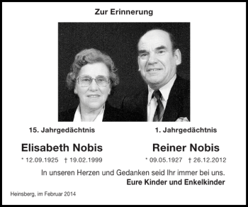 Traueranzeige von Elisabeth Nobis Reiner Nobis von Super Sonntag / Super Mittwoch