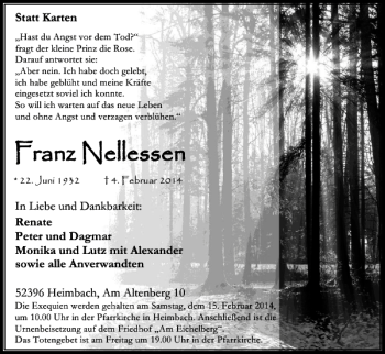 Traueranzeige von Fr Franz anz Ne Nellessen llessen  von Super Sonntag / Super Mittwoch